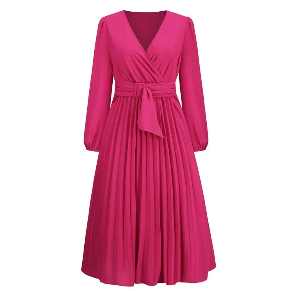 Rose Red V Neck Long Sleeve Tie Waist A-Line Midi Dress - Picture 4 of 8